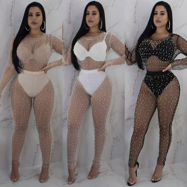 Pearl Mesh See Through Long Sleeves O-Neck Top and Pants 2PCS Set