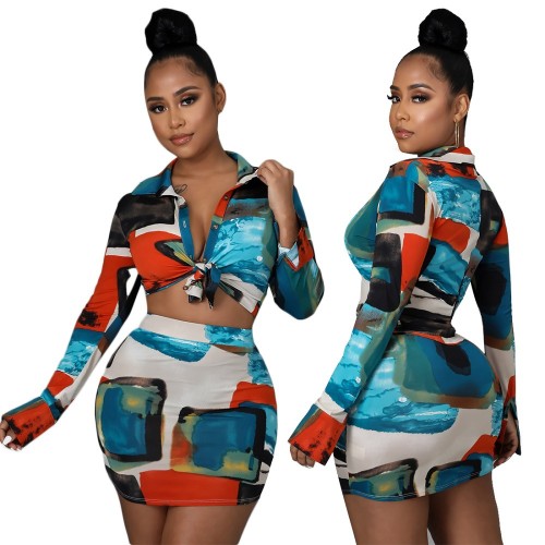 Print Long Sleeve Turndown Collar Top and Mini Skirt 2PCS Set