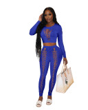 Hollow Out Long Sleeves O-Neck Crop Top and Pants 2PCS Set