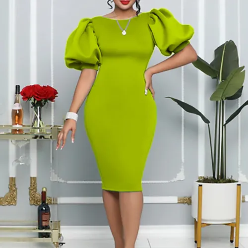 Puff Sleeve O-Neck Midi Pencil Dress