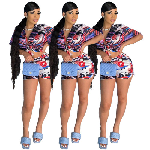 Print Silk Short Sleeve Top and Shorts 3PCS Set