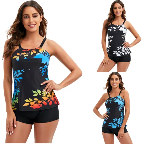 Plus Size Leaf Print Cami Tankini Two Piece Set