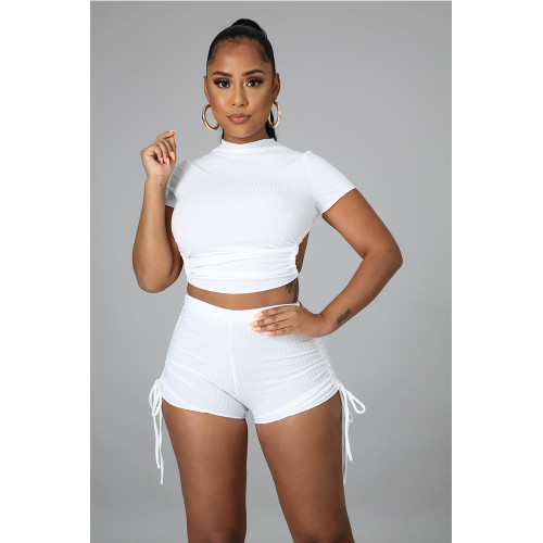 Short Sleeves Midi Neck Crop Top and High Waist Shorts 2PCS Set