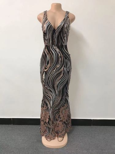 Shiny Sequin Sleeveless V-Neck Maxi Dress