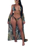 Floral Print Cami Bikini and Long Sleeves Long Cardigan 3PCS Set