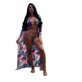 Floral Print Cami Bikini and Long Sleeves Long Cardigan 3PCS Set