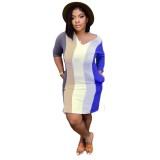 Color Block Print Long Sleeves V-Neck Pocket Dress