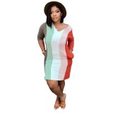 Color Block Print Long Sleeves V-Neck Pocket Dress