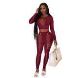 Hollow Out Long Sleeves O-Neck Crop Top and Pants 2PCS Set