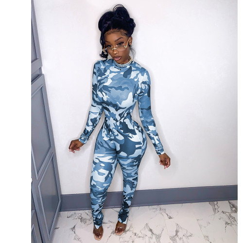 Camo Print Long Sleeves O-Neck Slim Fit Jumpsuit