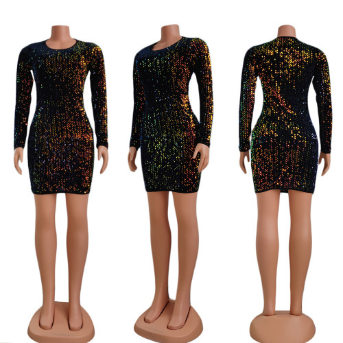 Sequin O-Neck Long Sleeves Mini Fitted Dress