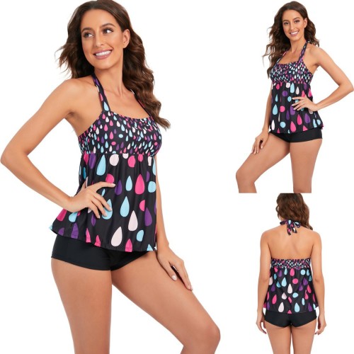 Plus Size Water Drop Print Halter Neck Tankini Two Piece Set