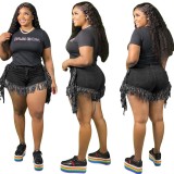 Plus Size High Waist Zip Fly Fringe Fitted Jeans Shorts