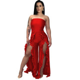 Solid Color High Slit Strapless Ruffle Jumpsuit