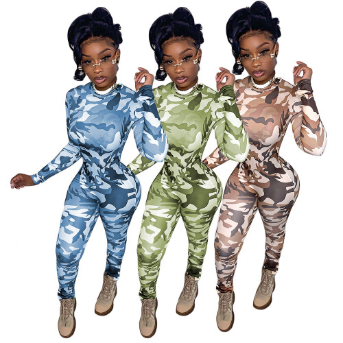 Camo Print Long Sleeves O-Neck Slim Fit Jumpsuit