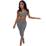 Cami Single Shoulder Crop Top and High Waist Pants 2PCS Set