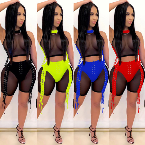 Mesh See Through Turtleneck Lace Up Crop Top and Shorts 2PCS Set