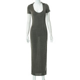 Short Sleeve U-Neck Slit Maxi Dress