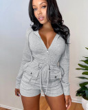 Long Sleeves Drawstring Hoody Jumpsuit with Pocket