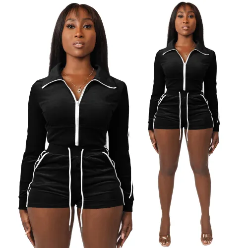 Velvet Zip Open Long Sleeve Top and Drawstring Shorts 2PCS Set