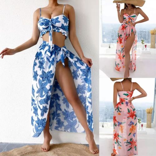 Floral Print Cami Ruffle Bikini and Long Slit Skirt 3PCS Set