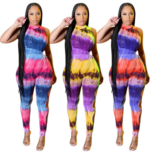 Print Midi Neck Hollow Out Fitted Jumpsuit
