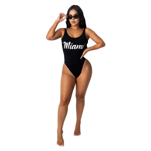 Letter Print Backless High Cut One Piece Swimsuit