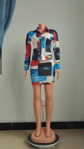 Print Long Sleeve Turndown Collar Top and Mini Skirt 2PCS Set