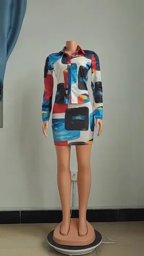Print Long Sleeve Turndown Collar Top and Mini Skirt 2PCS Set