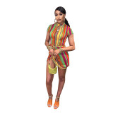 Colorful Striped Print Short Sleeves Midi Neck Mini Dress