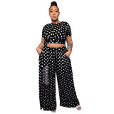 Plus Size Dot Print Short Sleeve O-Neck Crop Top and Pants 2PCS Set