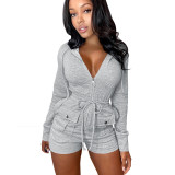 Long Sleeves Drawstring Hoody Jumpsuit with Pocket