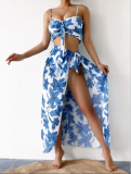 Floral Print Cami Ruffle Bikini and Long Slit Skirt 3PCS Set