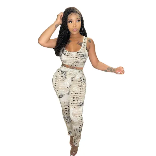 Crocodile Print Sleeveless Tank Crop Top and High Waist Pants 2PCS Set