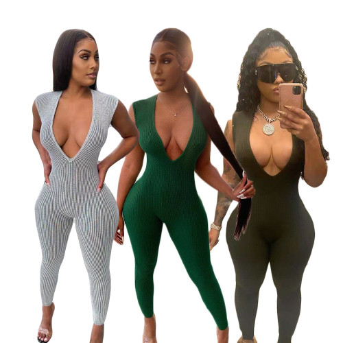 Deep-V Sleeveless Bodycon Jumpsuit