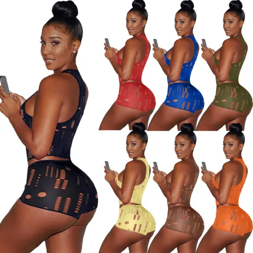 Sleeveless Hollow Out Tank Top and Tight Shorts 2PCS Set