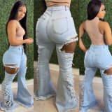 High Waist Zip Fly Ripped Flared Jeans