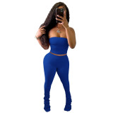 Solid Color Strapless Crop Top And Stacked Pant 2PCS Set