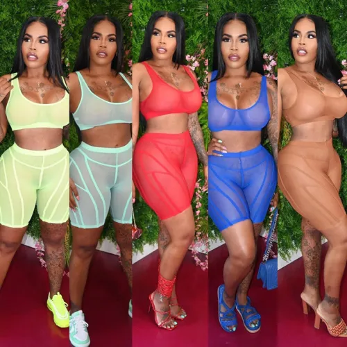 Mesh Tank Crop Top And High Waist Shorts 2PCS Set