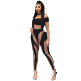 Mesh See Through Short Sleeves O-Neck Jumpsuit