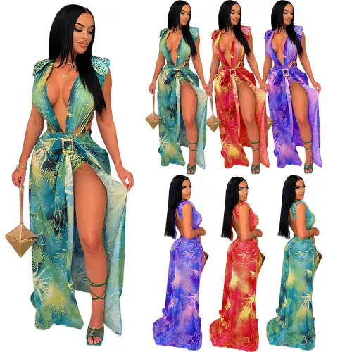 Rhinestone Sleeveless Cardigan Print Bodysuit and Cover-Up 2PCS Set