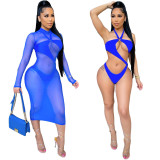 Mesh Long Sleeves Dress and Cut Out Cami Bobysuit 2PCS Set