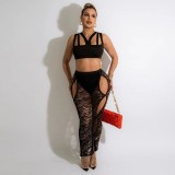 Plus Size Crop Top And Hollow Out Fishnet Long Skirt