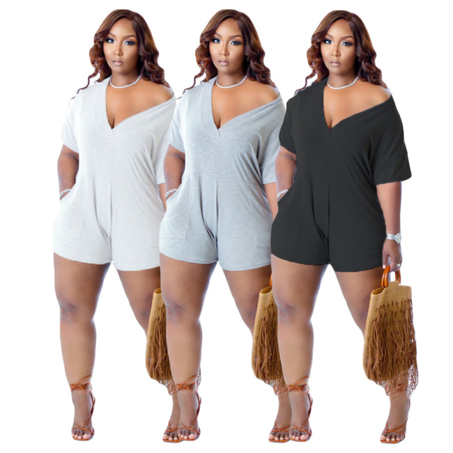 Plus Size Cotton Short Sleeves O-Neck Rompers