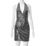 Halter Deep-V Sequin Slit Mini Dress