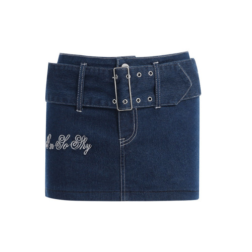 Low Waisted Mini Denim Skirt with Wide Belt
