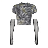 Dot Print Short Sleeves Round Neck Crop Top with Mesh Wrist Sleeves