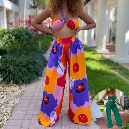 Floral Print Cami Halter Crop Top and Wide Leg Pants 2PCS Set