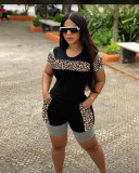 Plus Size Leopard Print Patchwork Short Sleeves O-Neck Top and Shorts 2PCS Set
