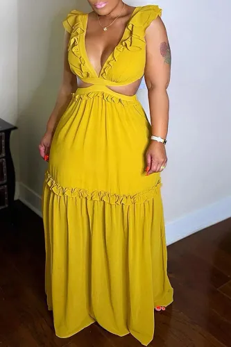 Deep-V Backless Lace Up Ruffle Maxi Dress